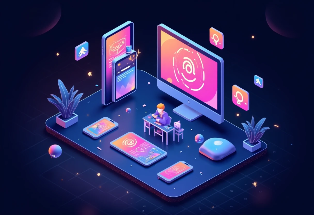 Mercado digital com ícones de apps